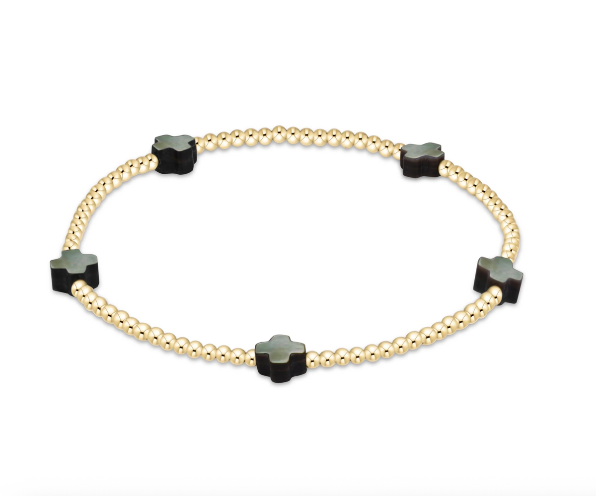 E Newton Signature Cross Small 2mm Gold Bracelet - Mother of Pearl - Black Tahitian