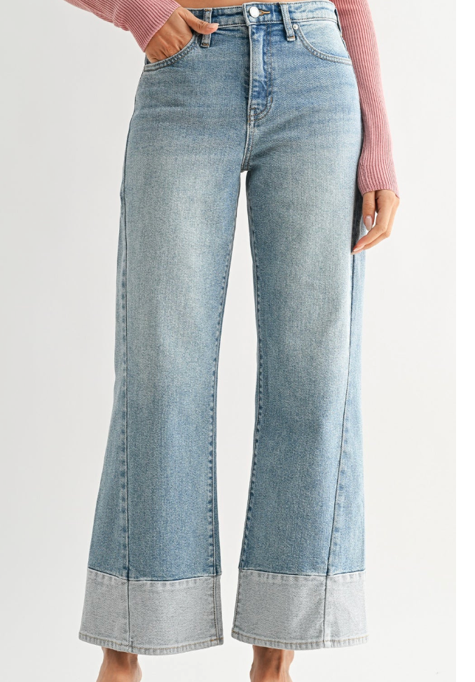 JBD Two-Toned Hem Seamed Slim Wide Leg Jean