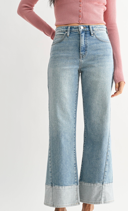 JBD Two-Toned Hem Seamed Slim Wide Leg Jean