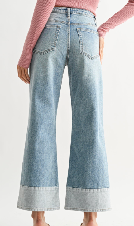 JBD Two-Toned Hem Seamed Slim Wide Leg Jean