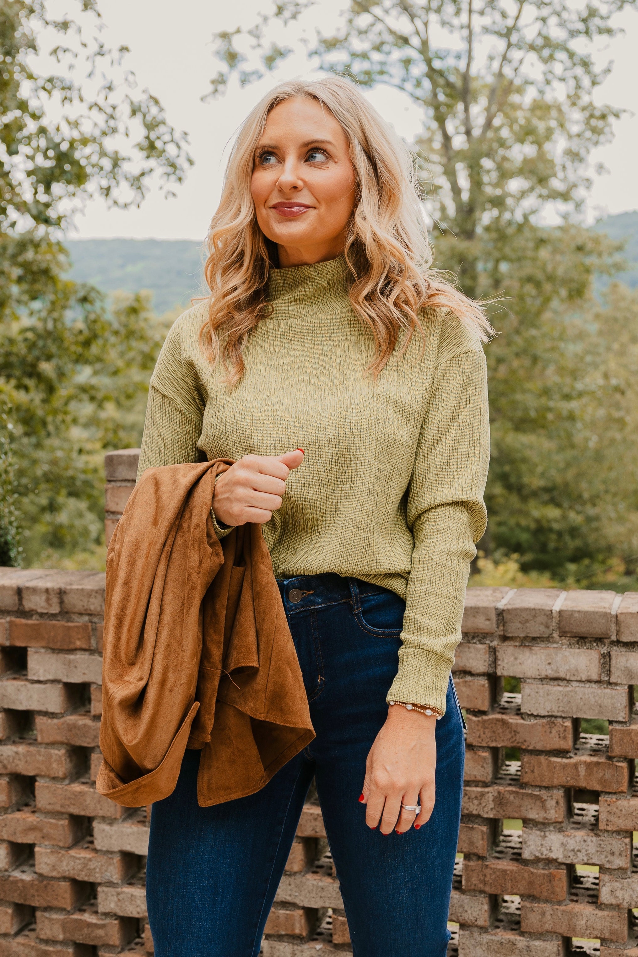 Tribal Crinkle Drop Shoulder Mock Neck Top
