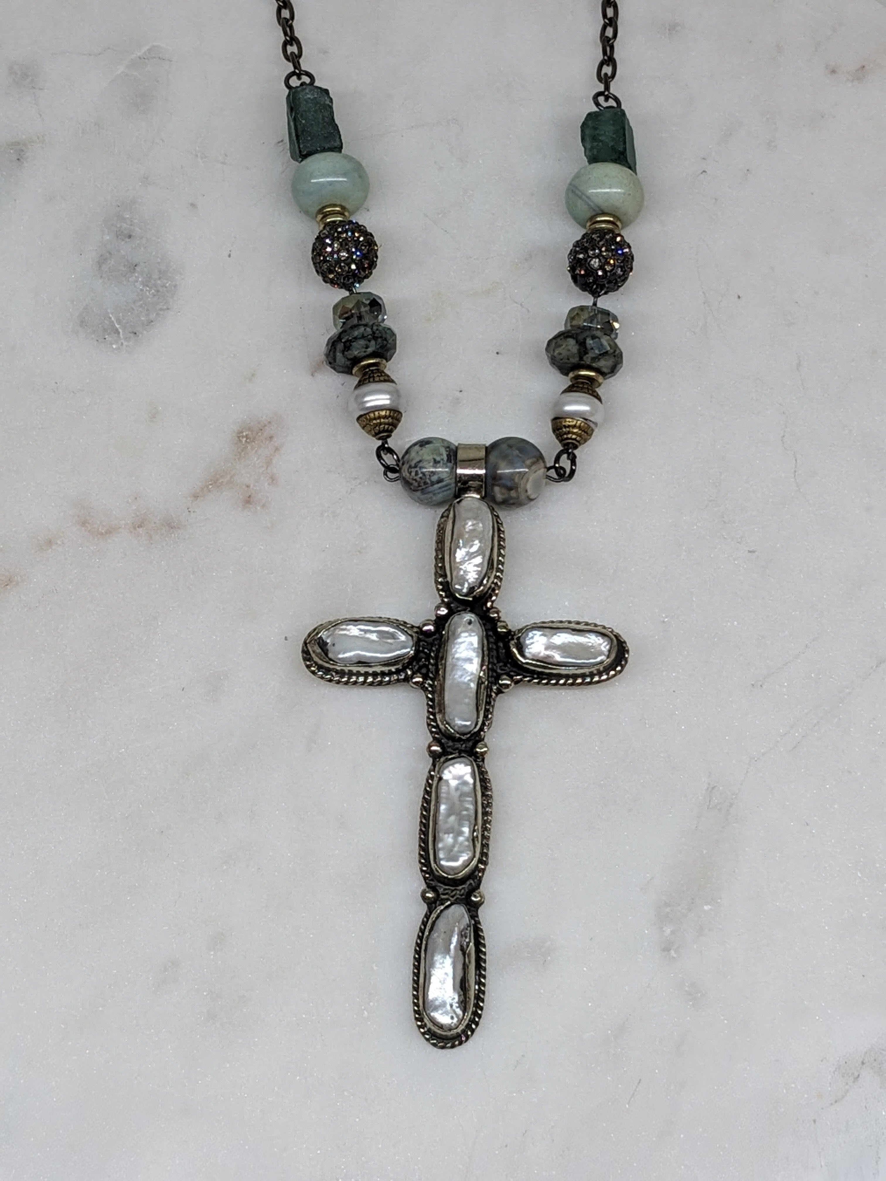 Pearl Silver Cross Pendant Statement Necklace