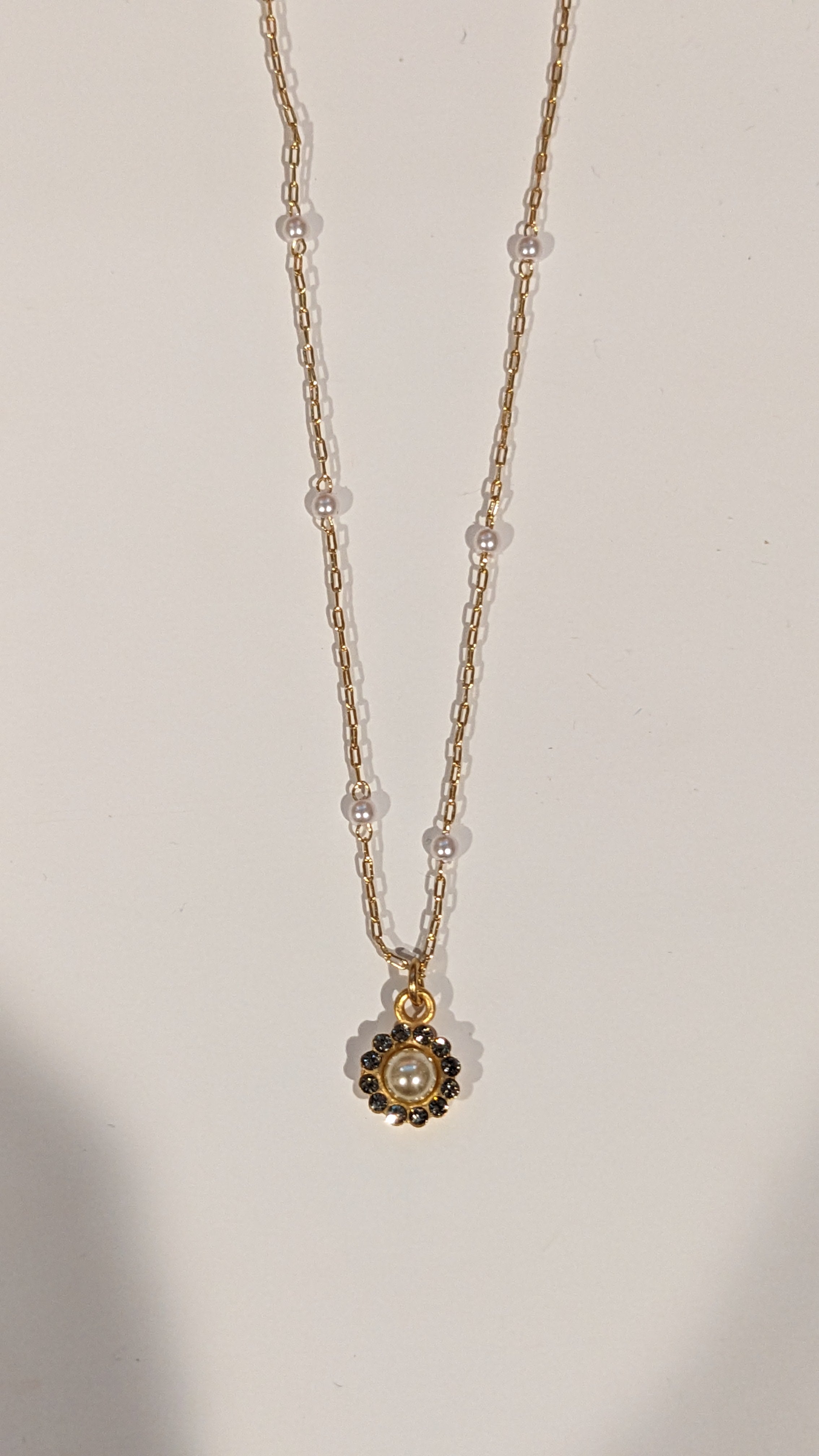 Small Pearl with Rhinestone Border Necklace