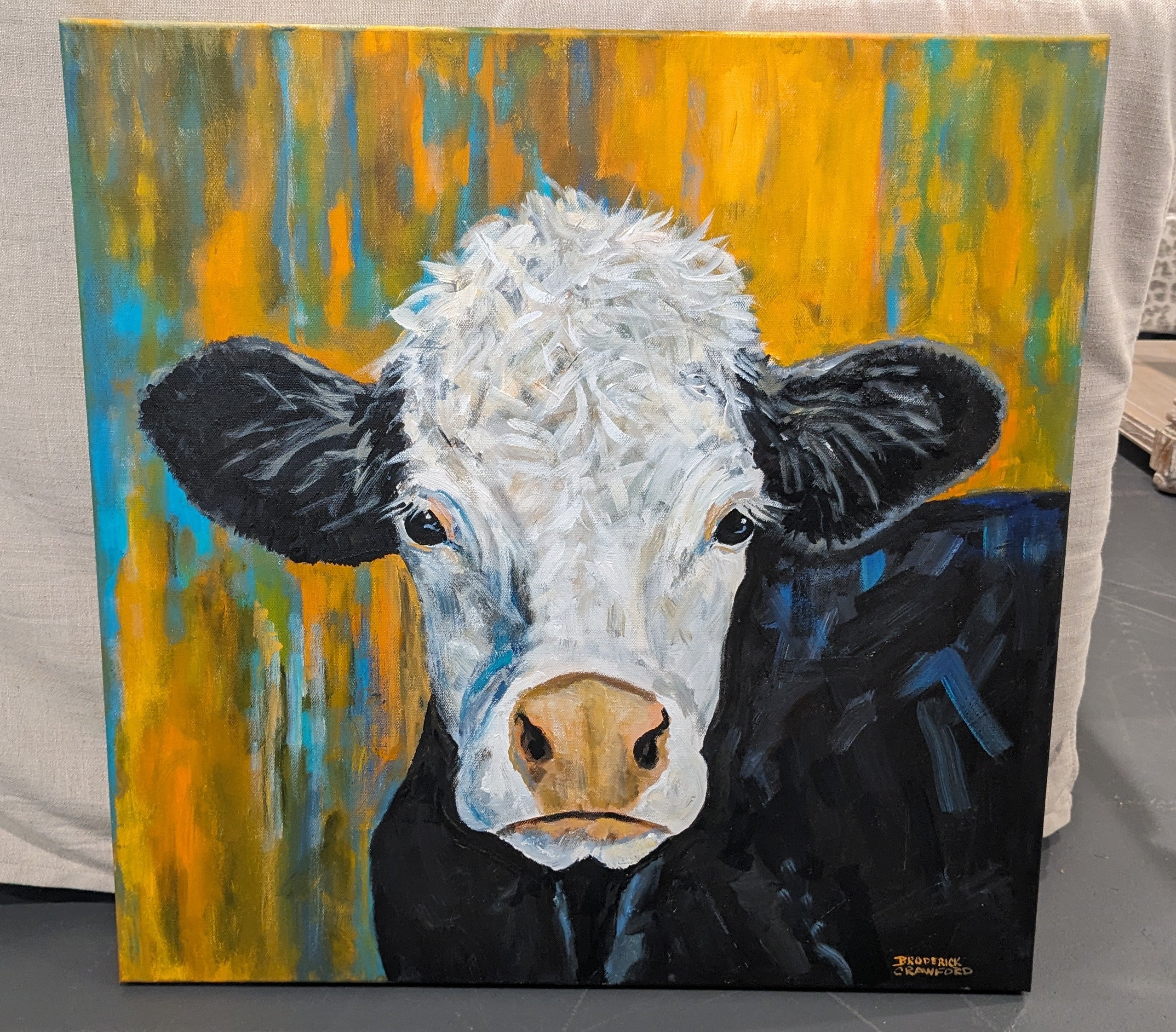 Black & White Cow Painting by Broderick Crawford