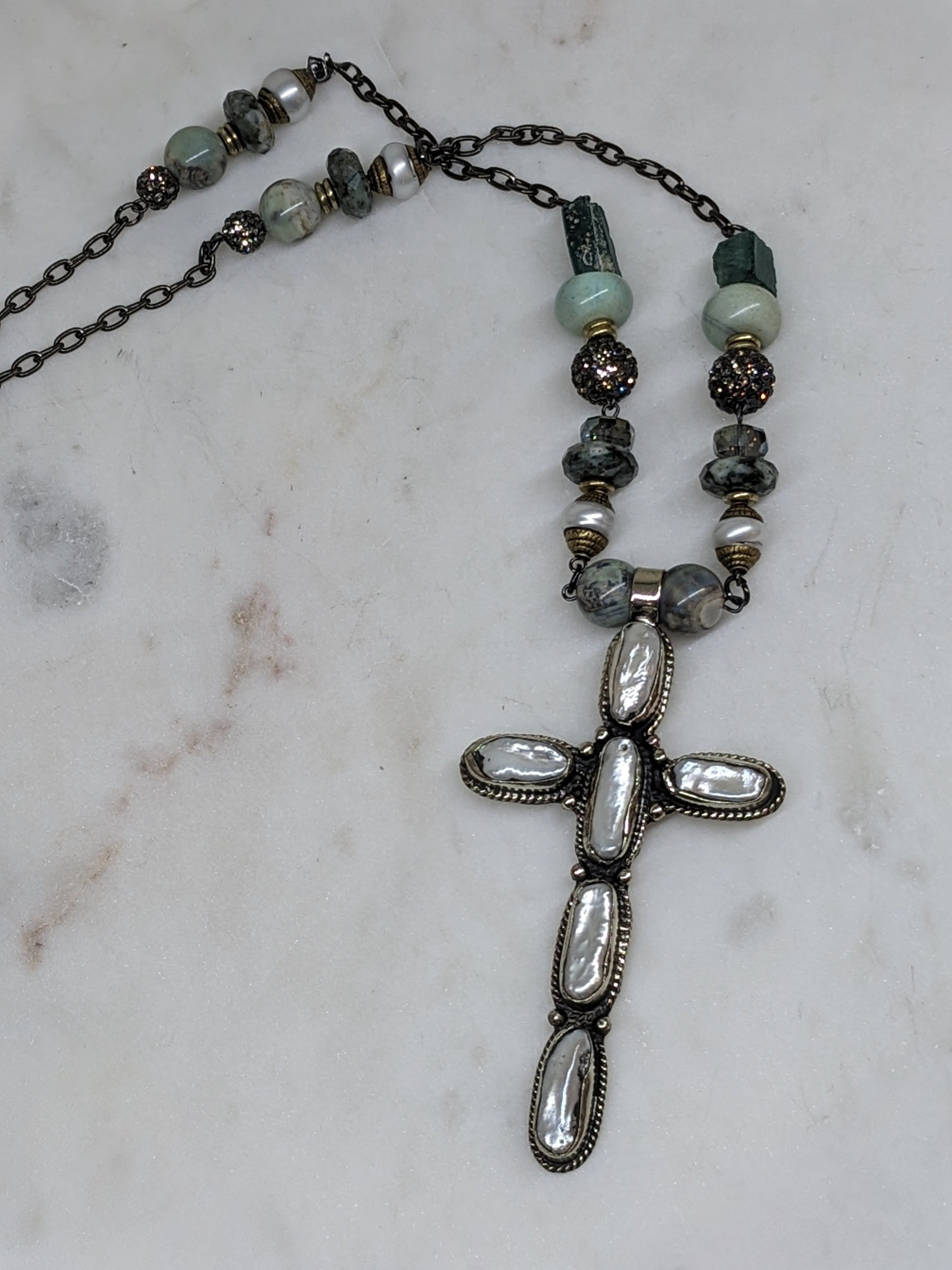 Pearl Silver Cross Pendant Statement Necklace
