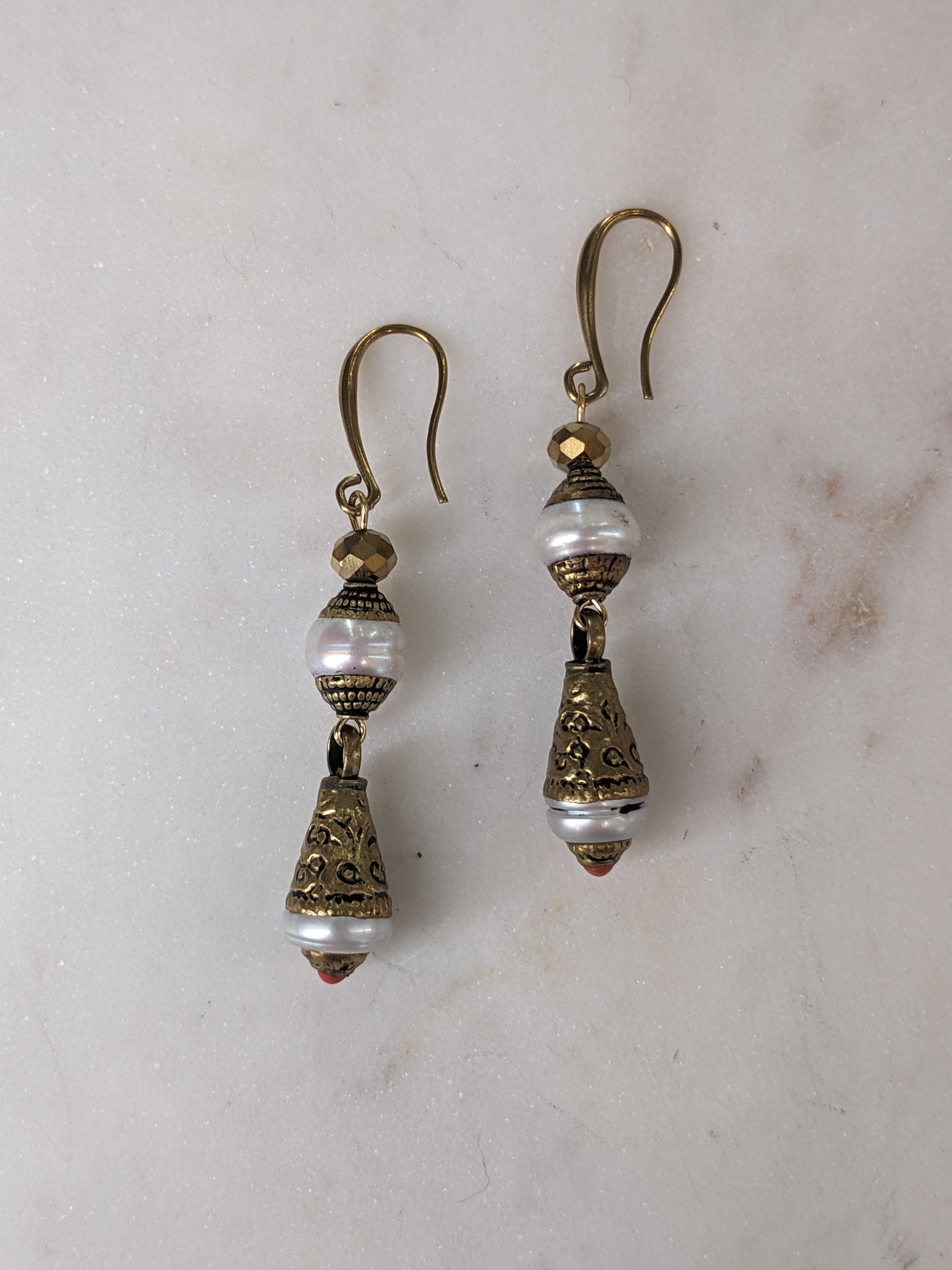 Pearl & Gold Tibetan Drop Earrings
