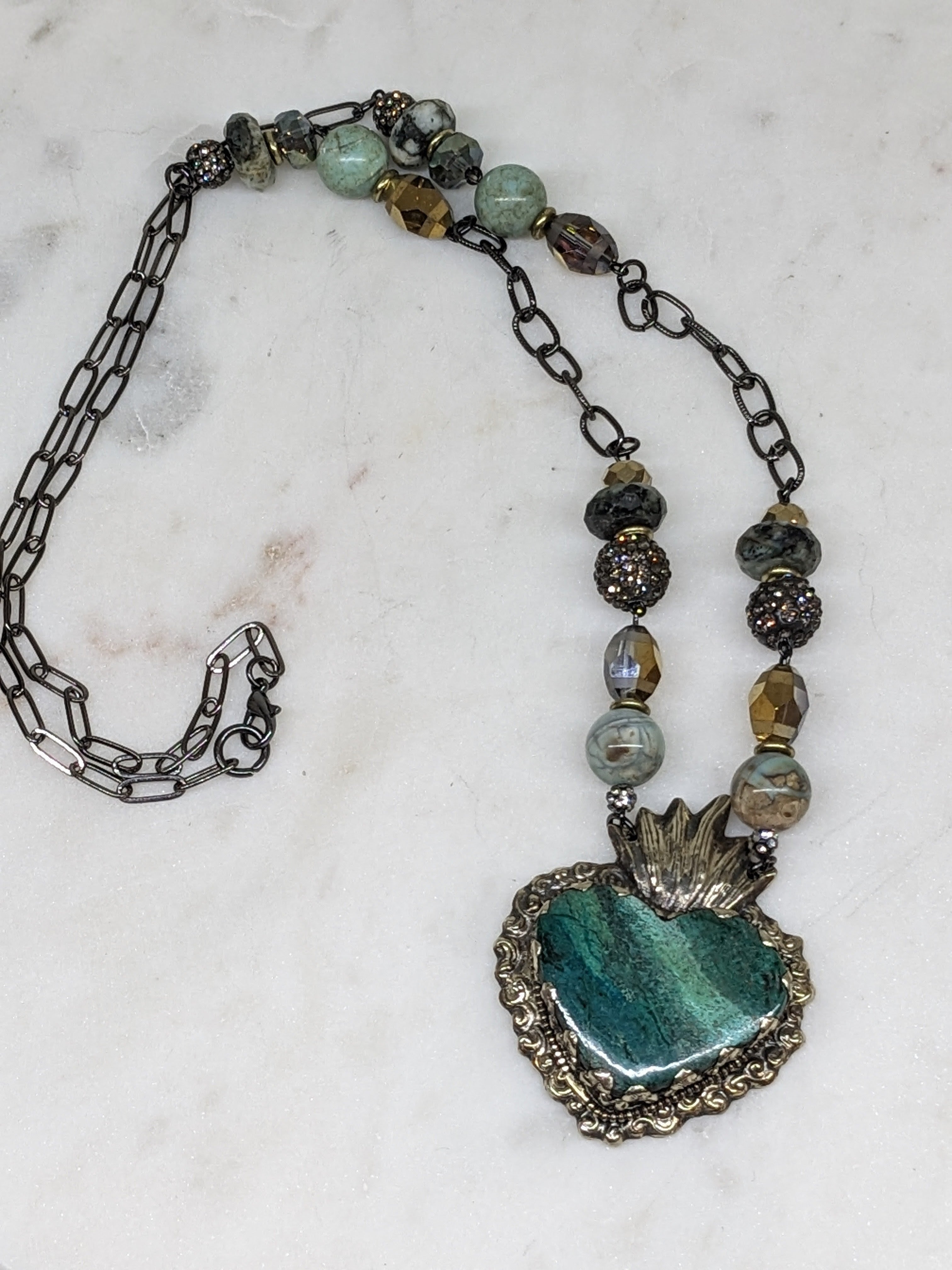 Flaming Heart Silver Pendant Statement Necklace