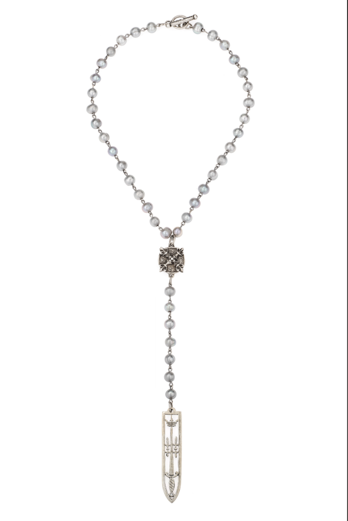 Silver Pearls with X Sword and Crown Necklace