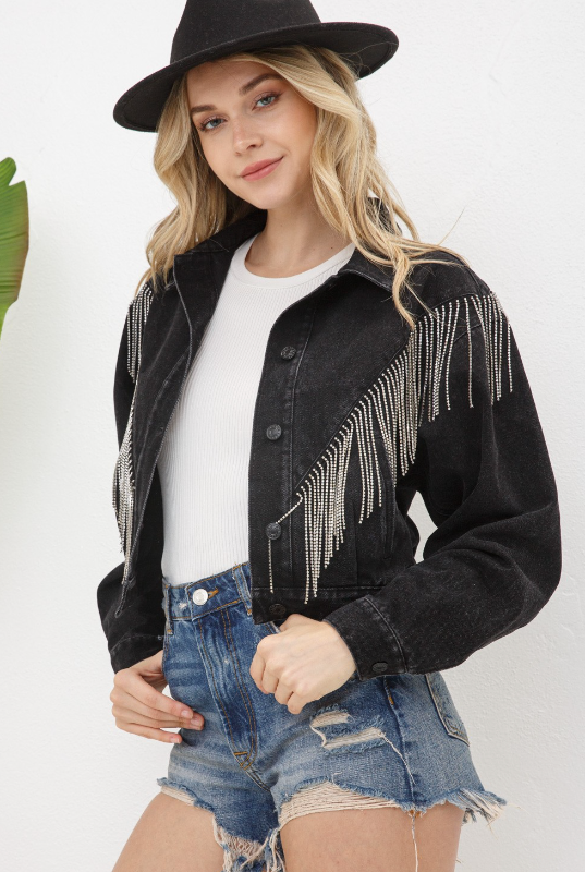 Sophia Chevron Fringe Denim Jacket - Final Sale 40% off in cart