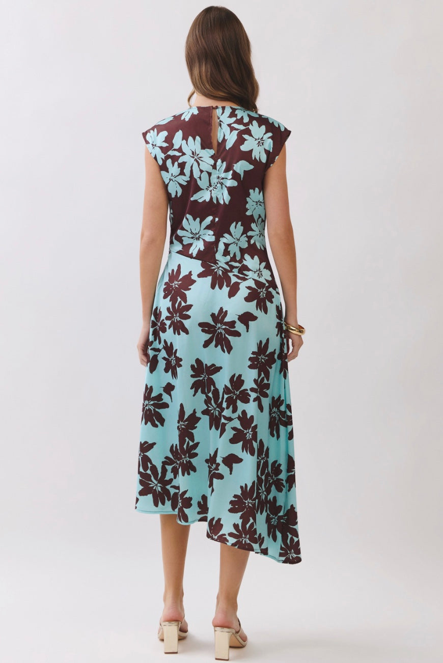 Mocha Blossom Asymmetrical Midi Dress