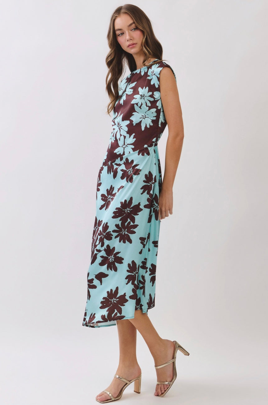 Mocha Blossom Asymmetrical Midi Dress