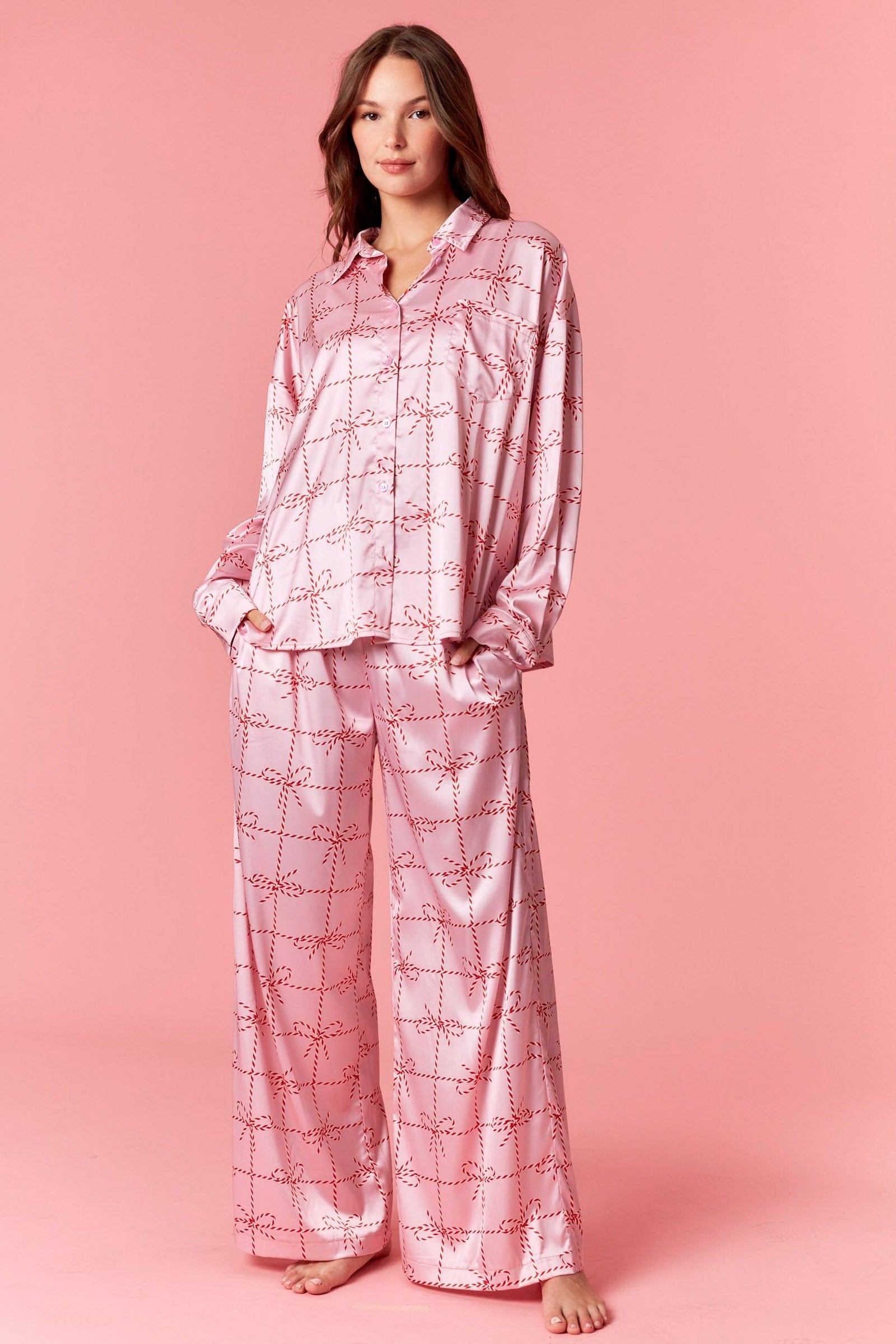 Festive Christmas Bow Satin Pajama Set