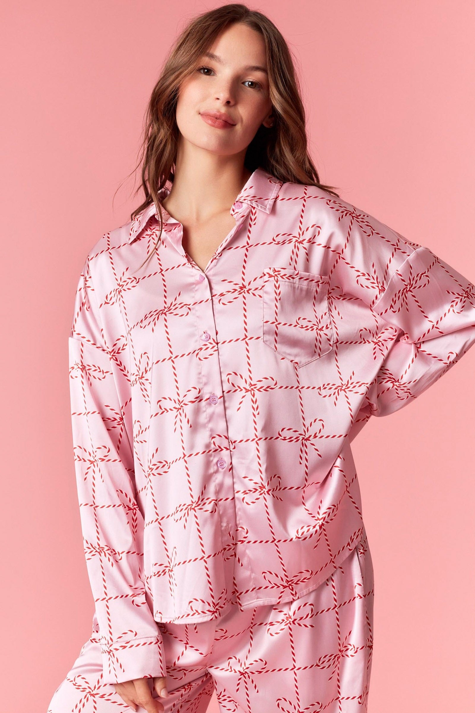 Festive Christmas Bow Satin Pajama Set