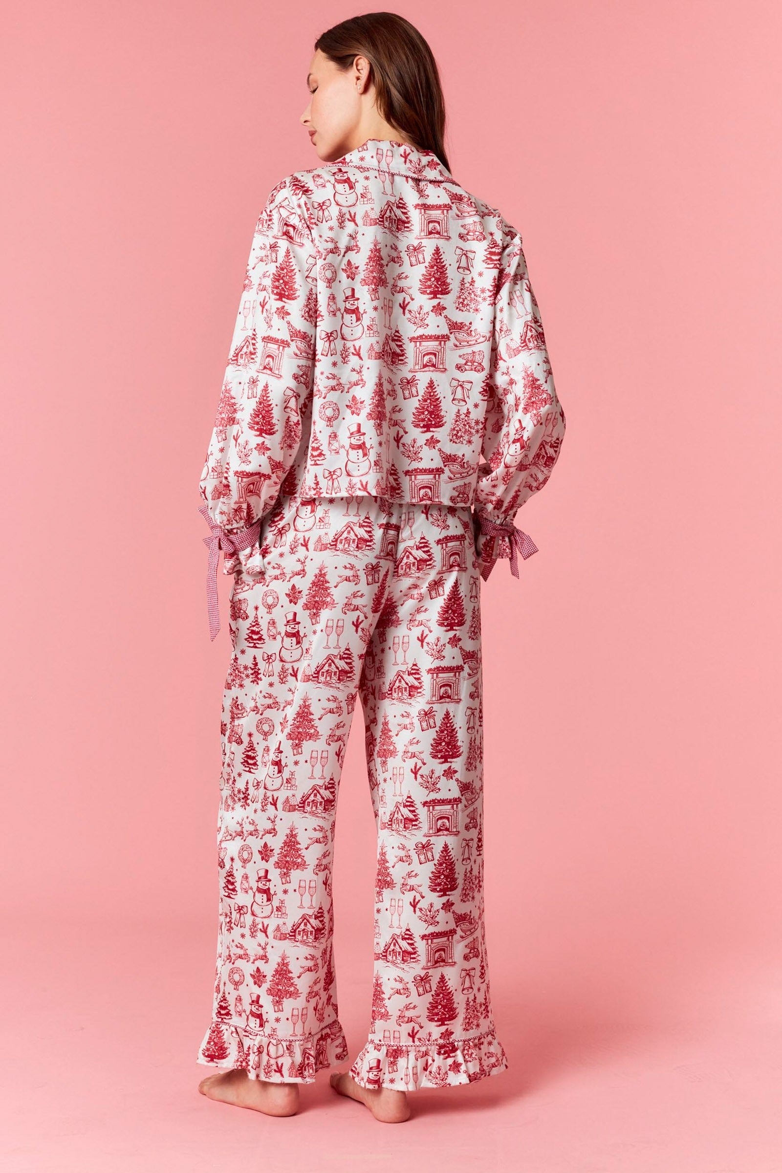 Christmas Toile Satin Pajama Set w/ Ribbon Detail