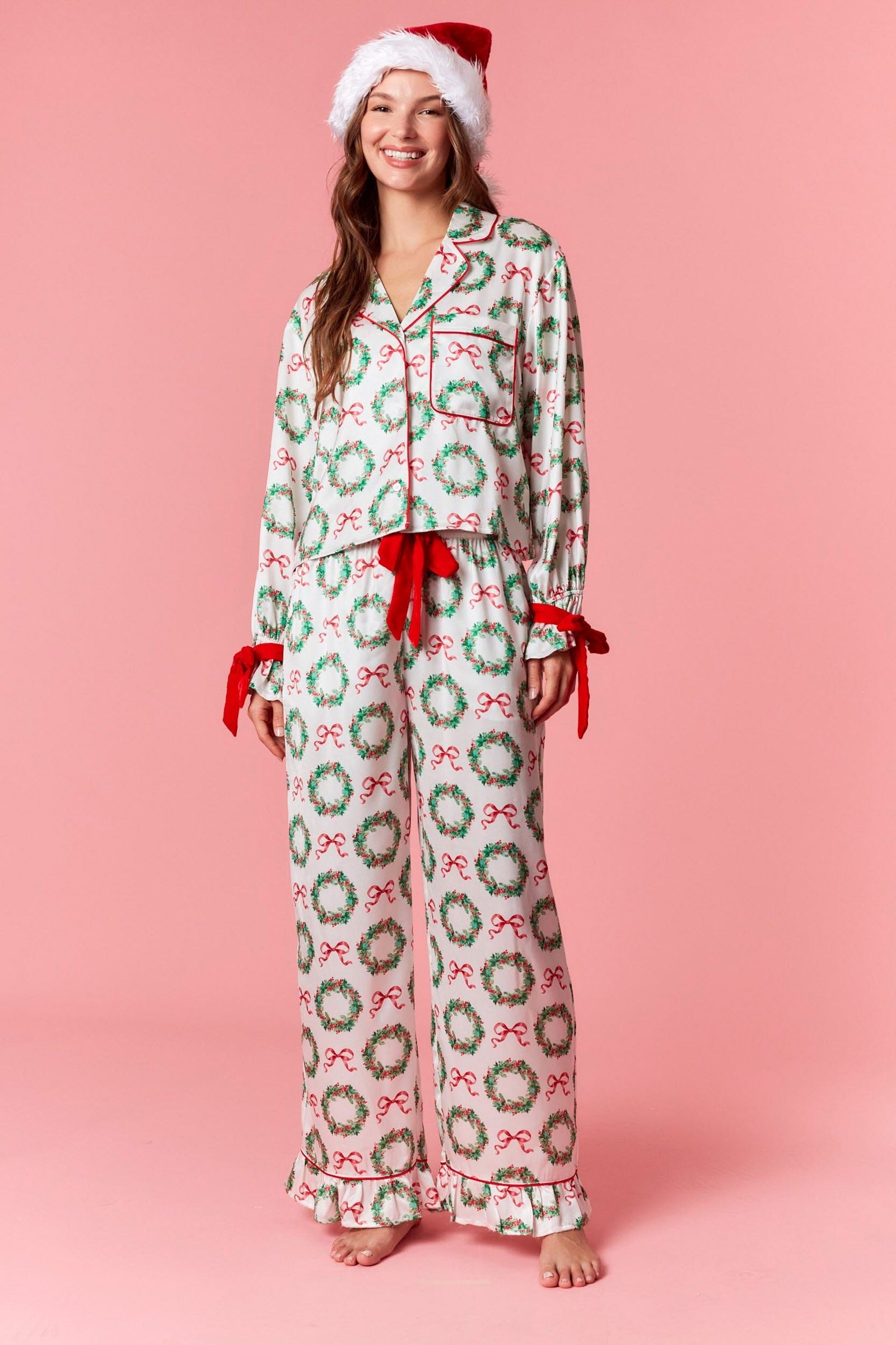 Christmas Wreaths Satin Pajama Set w/ Ribbon Detail
