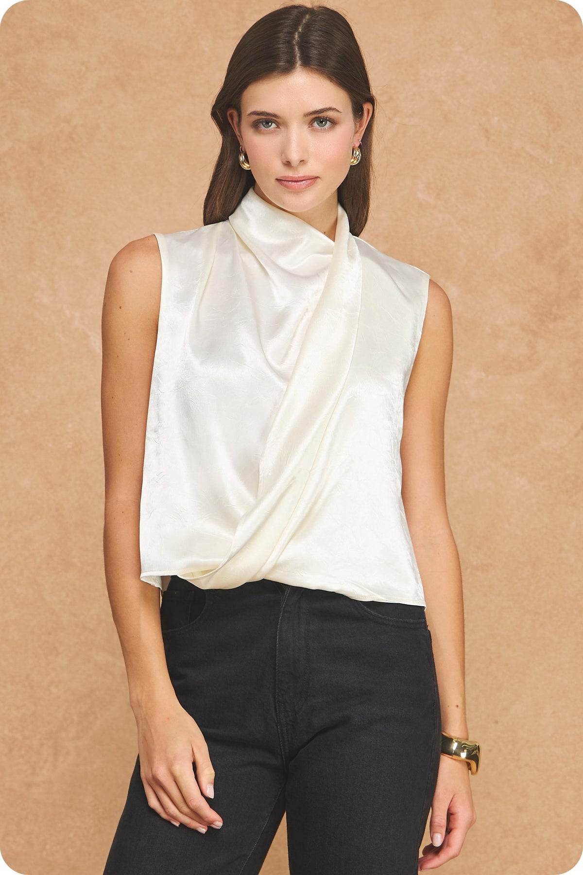 Textured Satin Wrap Top in Cream