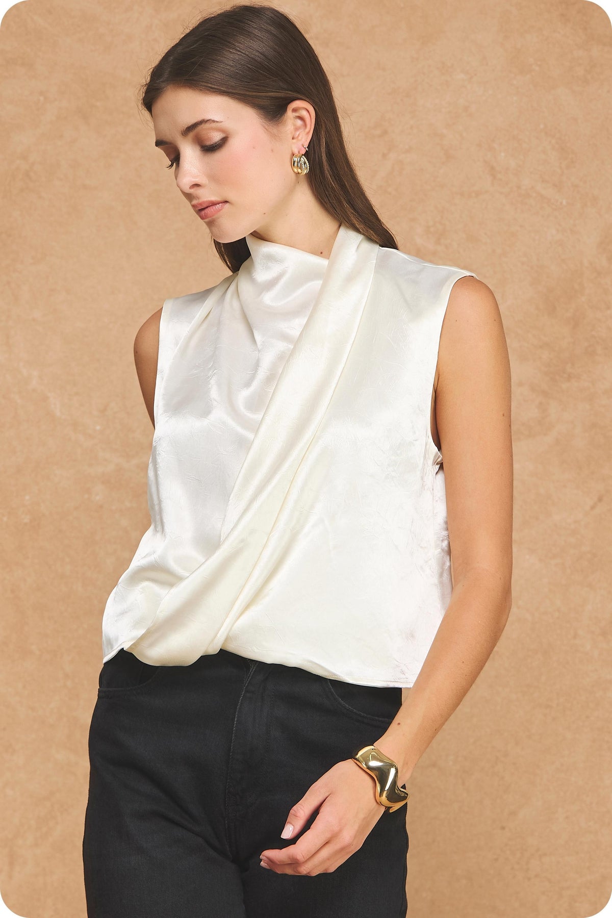 Textured Satin Wrap Top in Cream