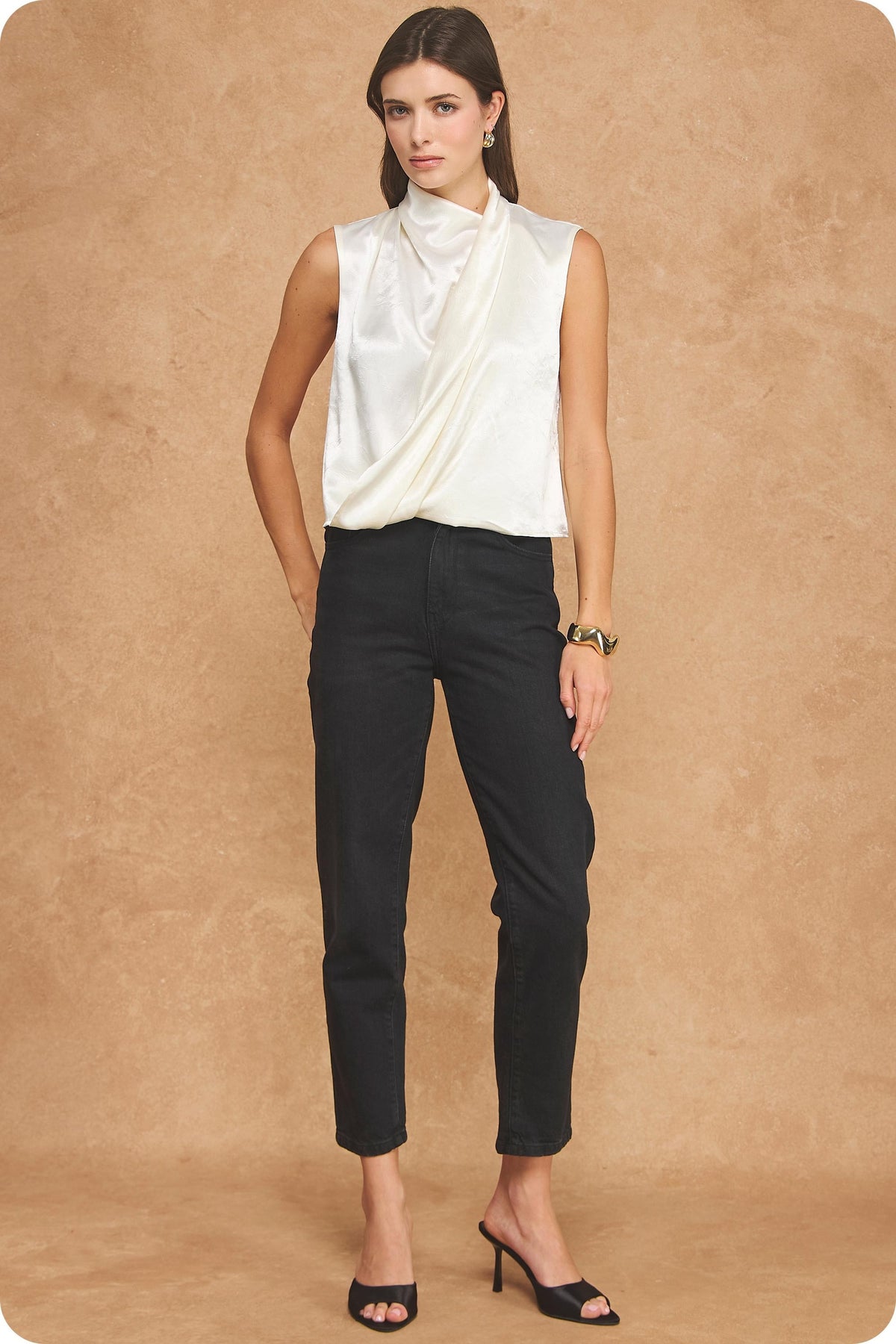 Textured Satin Wrap Top in Cream