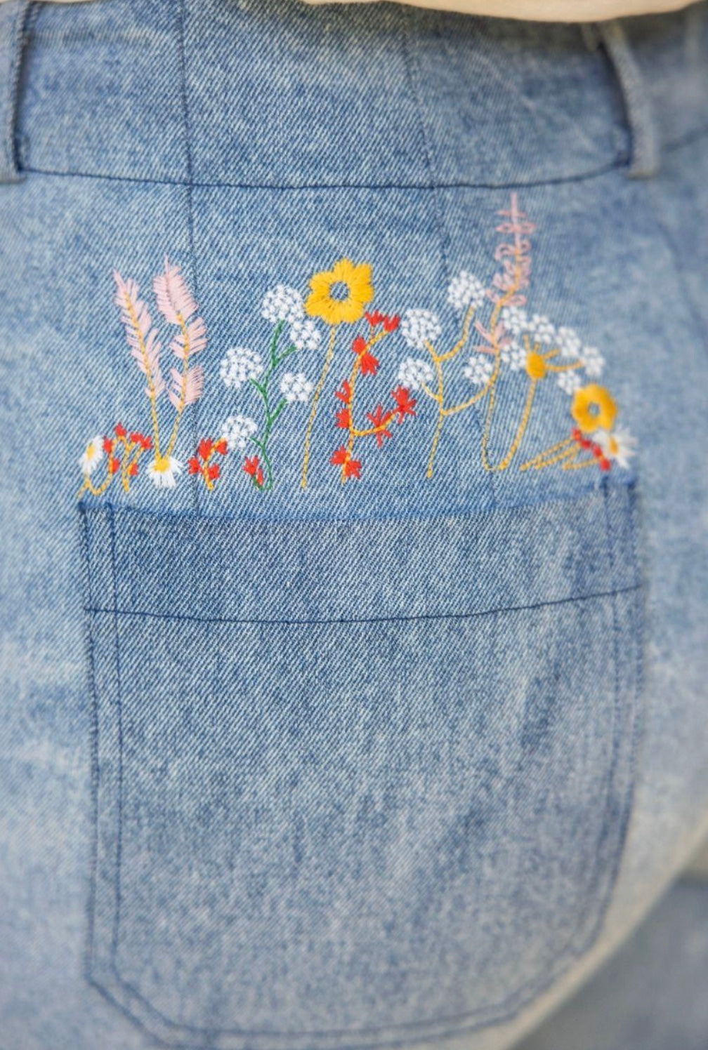 Floral Embroidered Washed Denim Wide Leg Pants