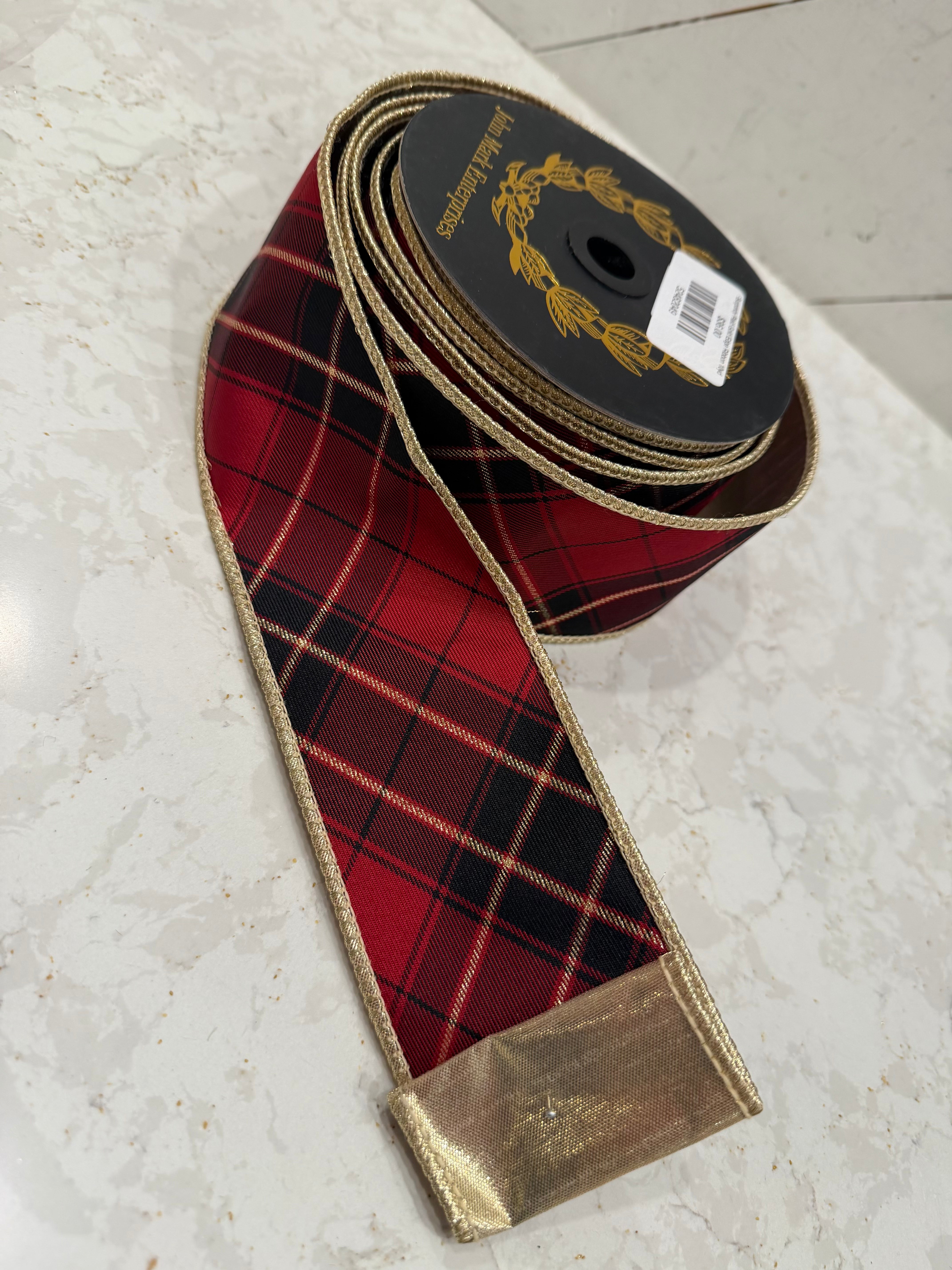 Burgundy Plaid Gold Edge Ribbon 10yd
