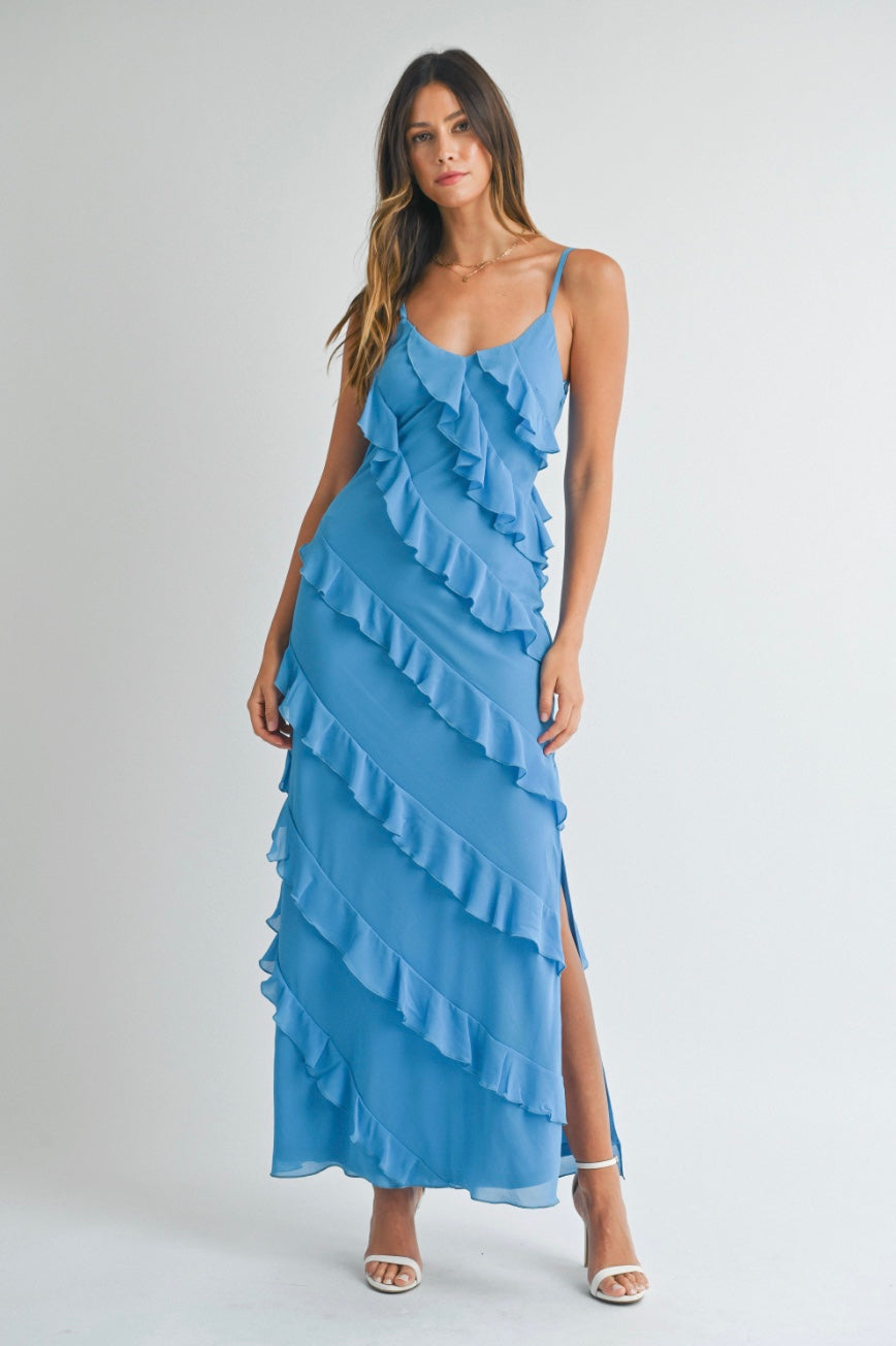 Ruffle Me Blue Asymetrical Tiered Maxi Dress