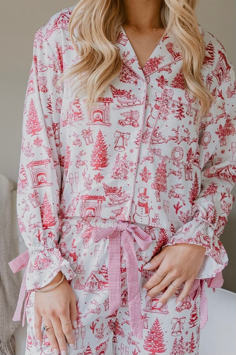 Christmas Toile Satin Pajama Set w/ Ribbon Detail