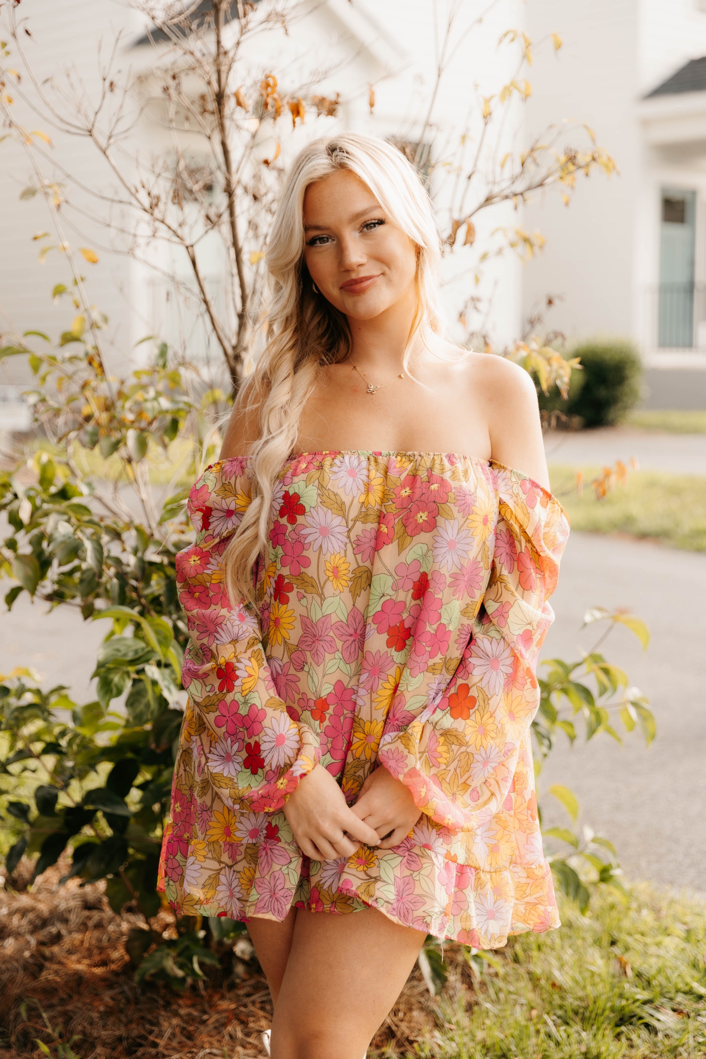 show me your mumu off the shoulder dress Rosie Mini Dress, in White Cottage Gingham, Size: Large
