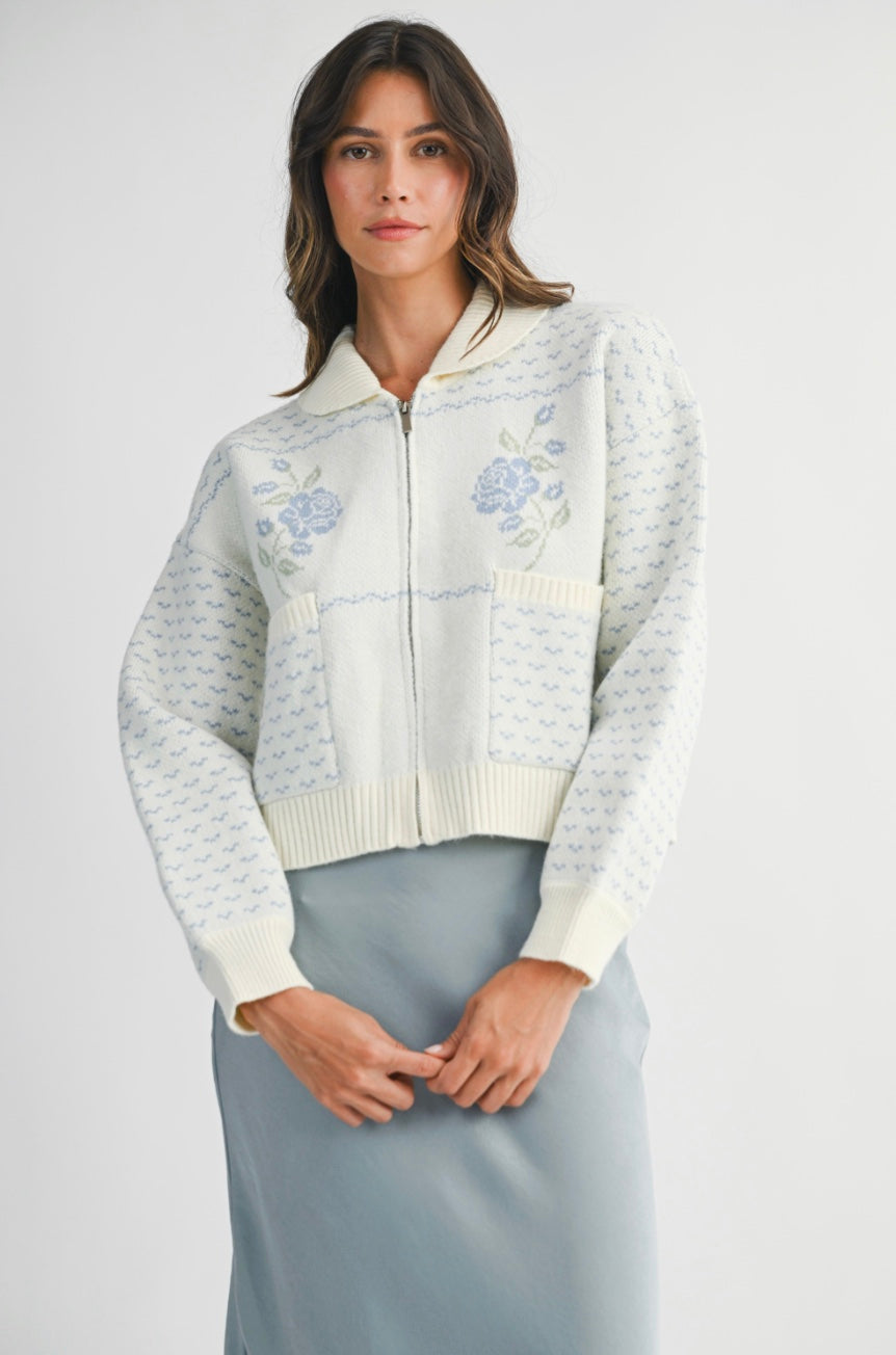 Eloise Jacquard Knit Zip Up Cardigan Jacket