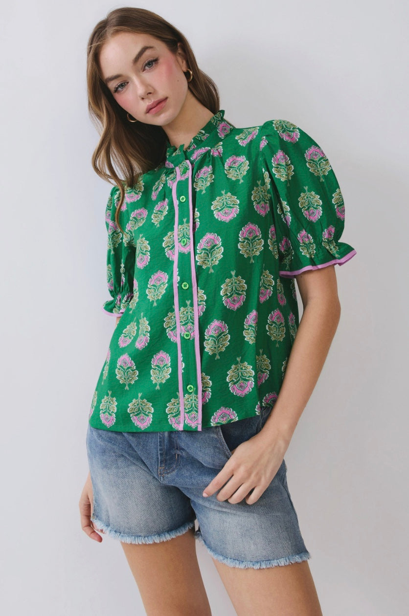 Amy Floral Block Ruffle Puff Sleeve Top