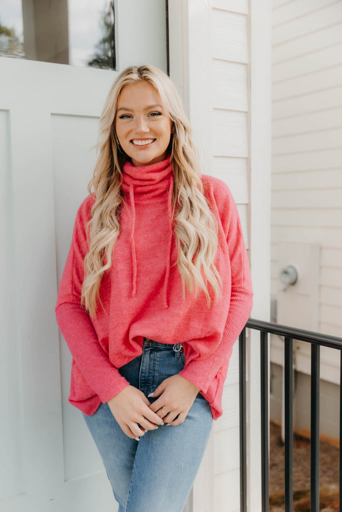 Brushed Knit Drawstring Cowl Pullover
