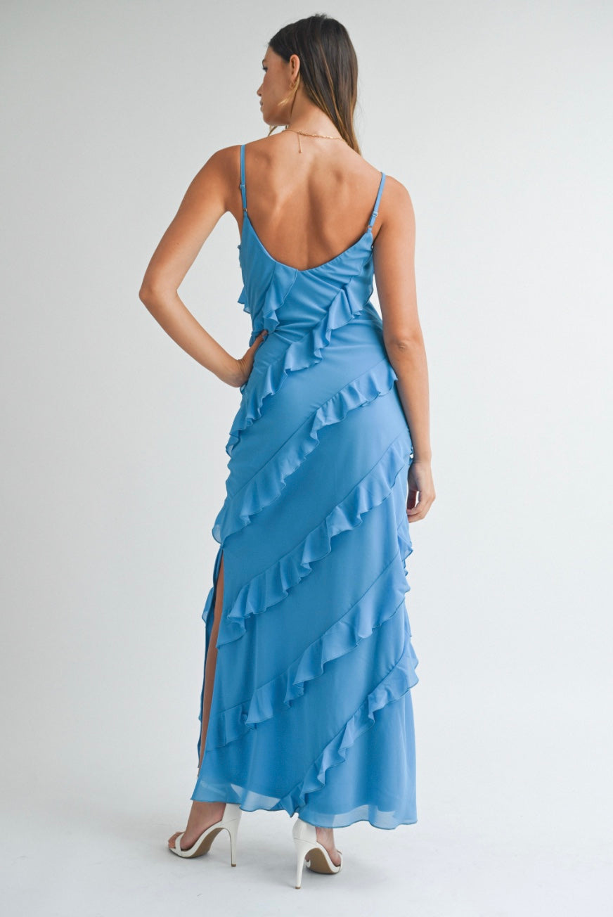 Ruffle Me Blue Asymetrical Tiered Maxi Dress