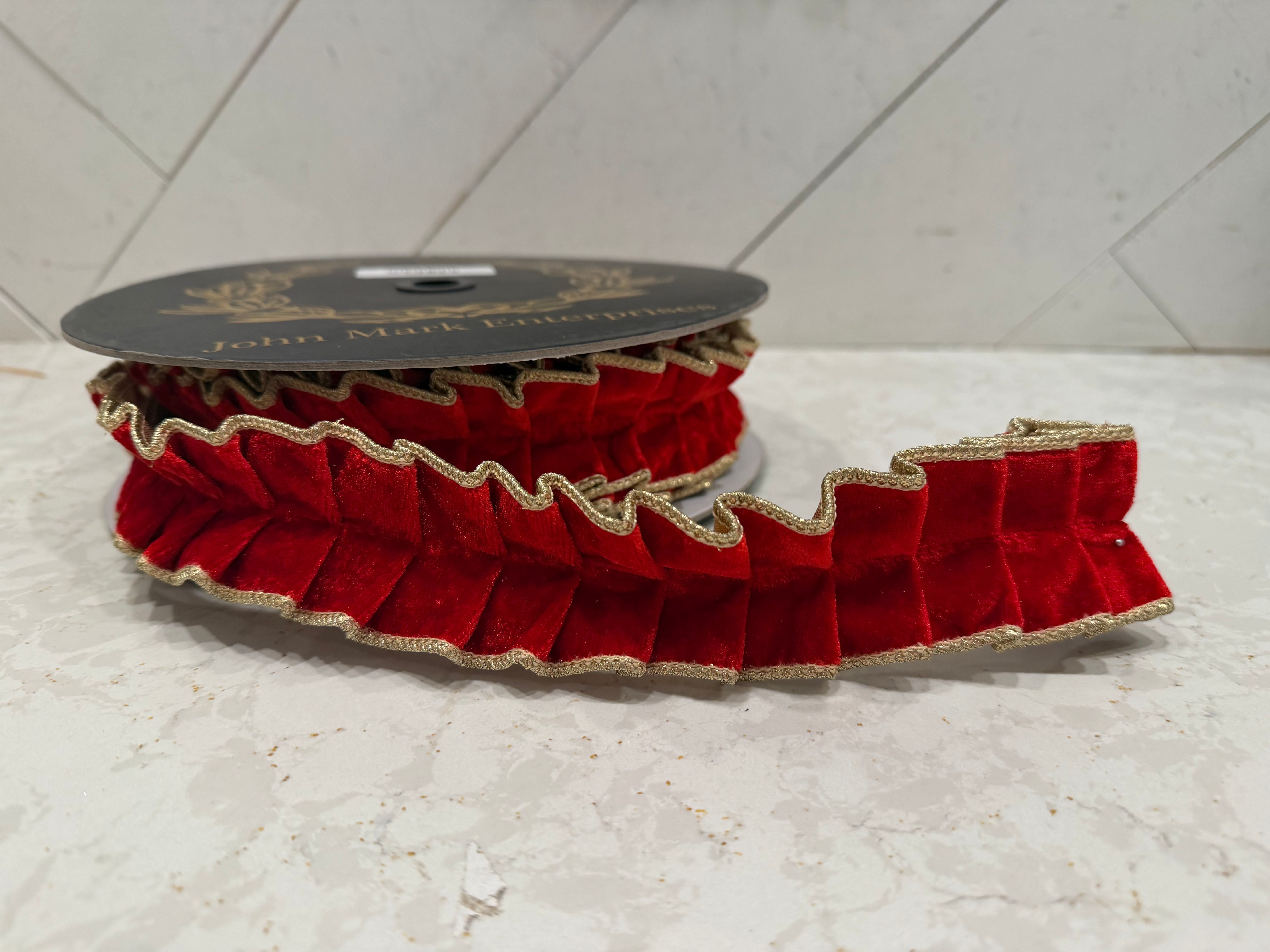 Red Velvet Pleated Metallic Edge Ribbon