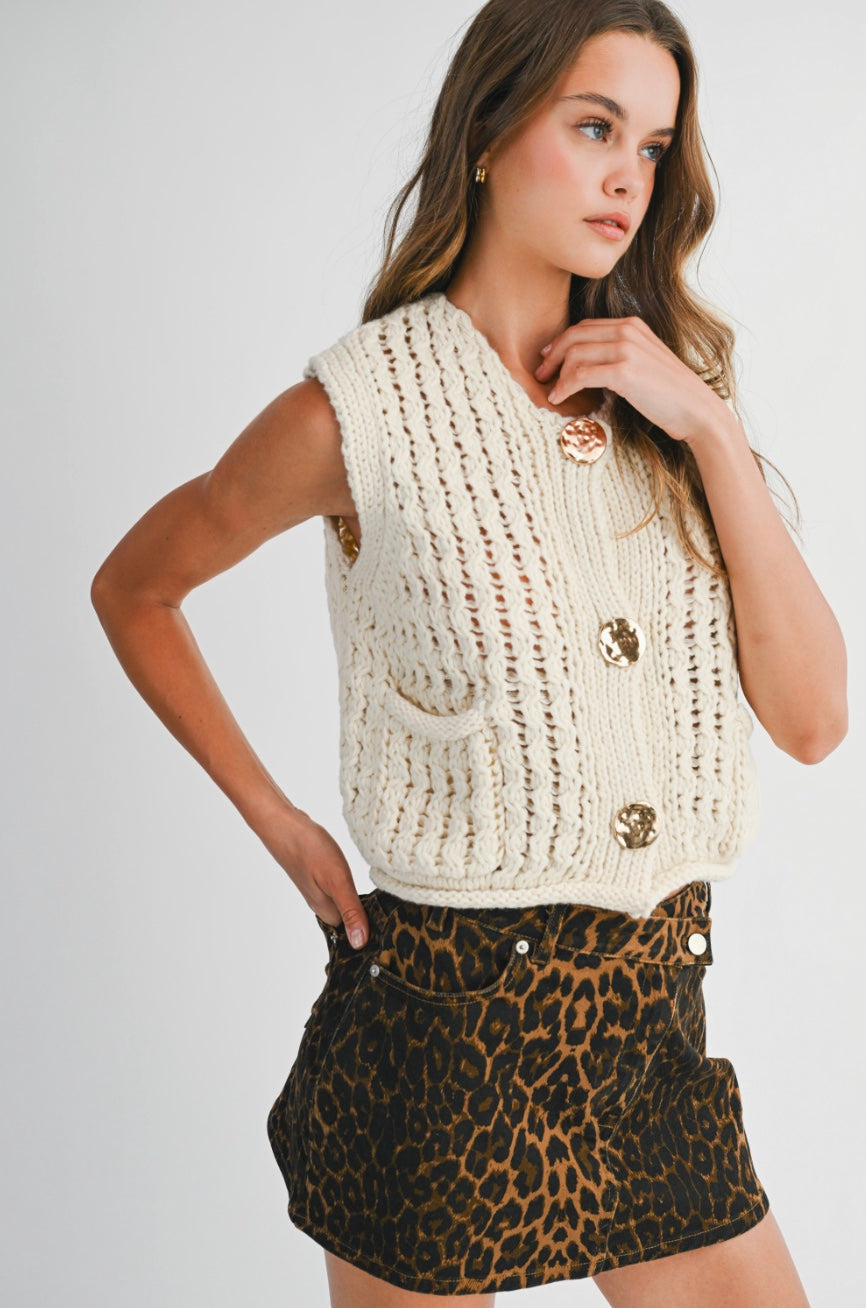 Sutton Chunky Openwork Knit Gold Button Down Vest