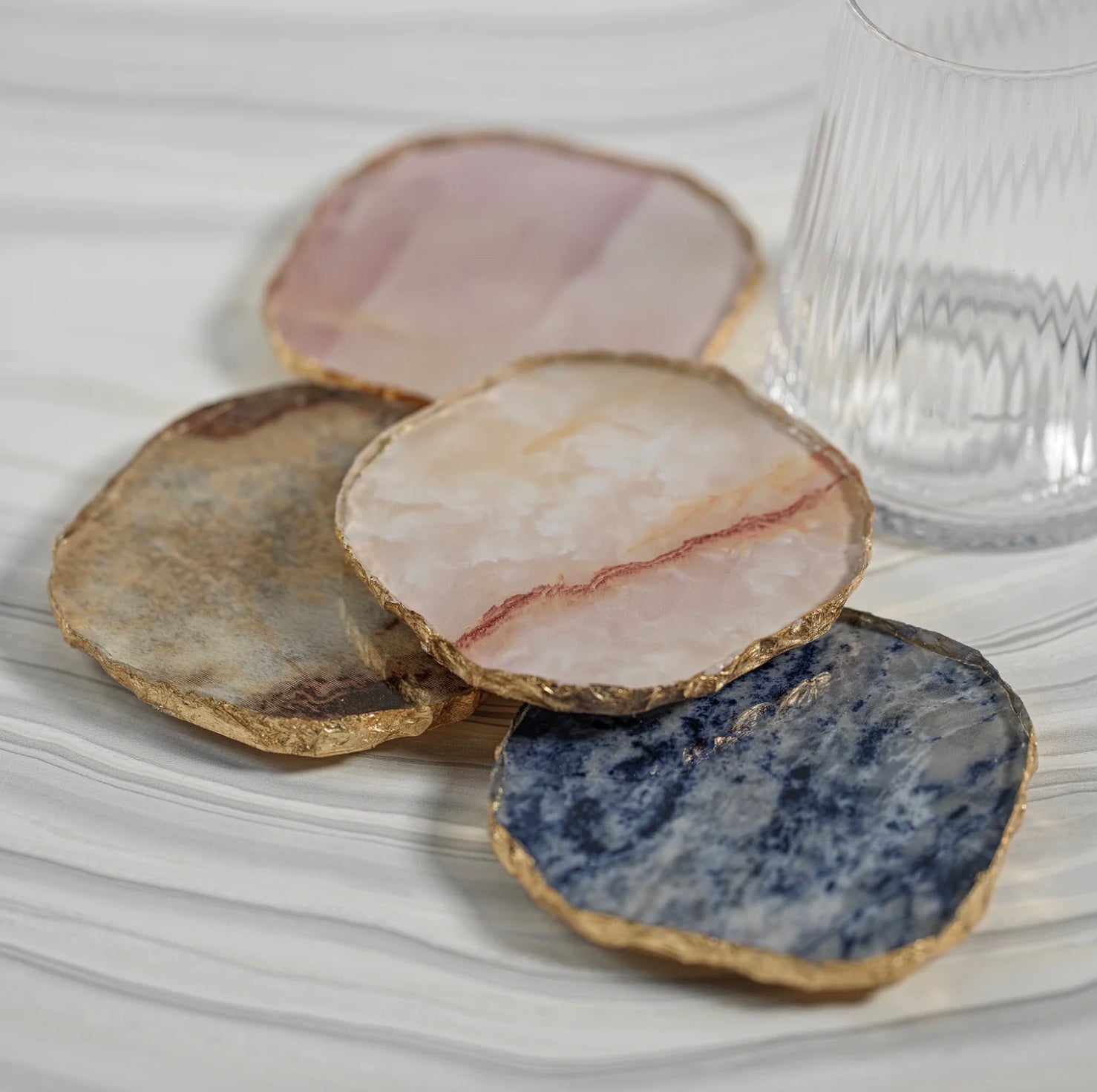 Agate Marble Glass Coaster with Gold Rim