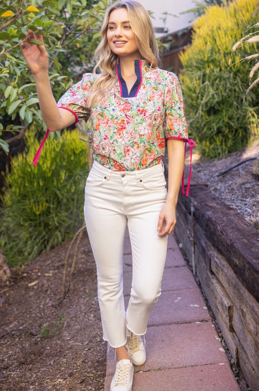 Meadows Contrast Quarter Placket Self Tie Top