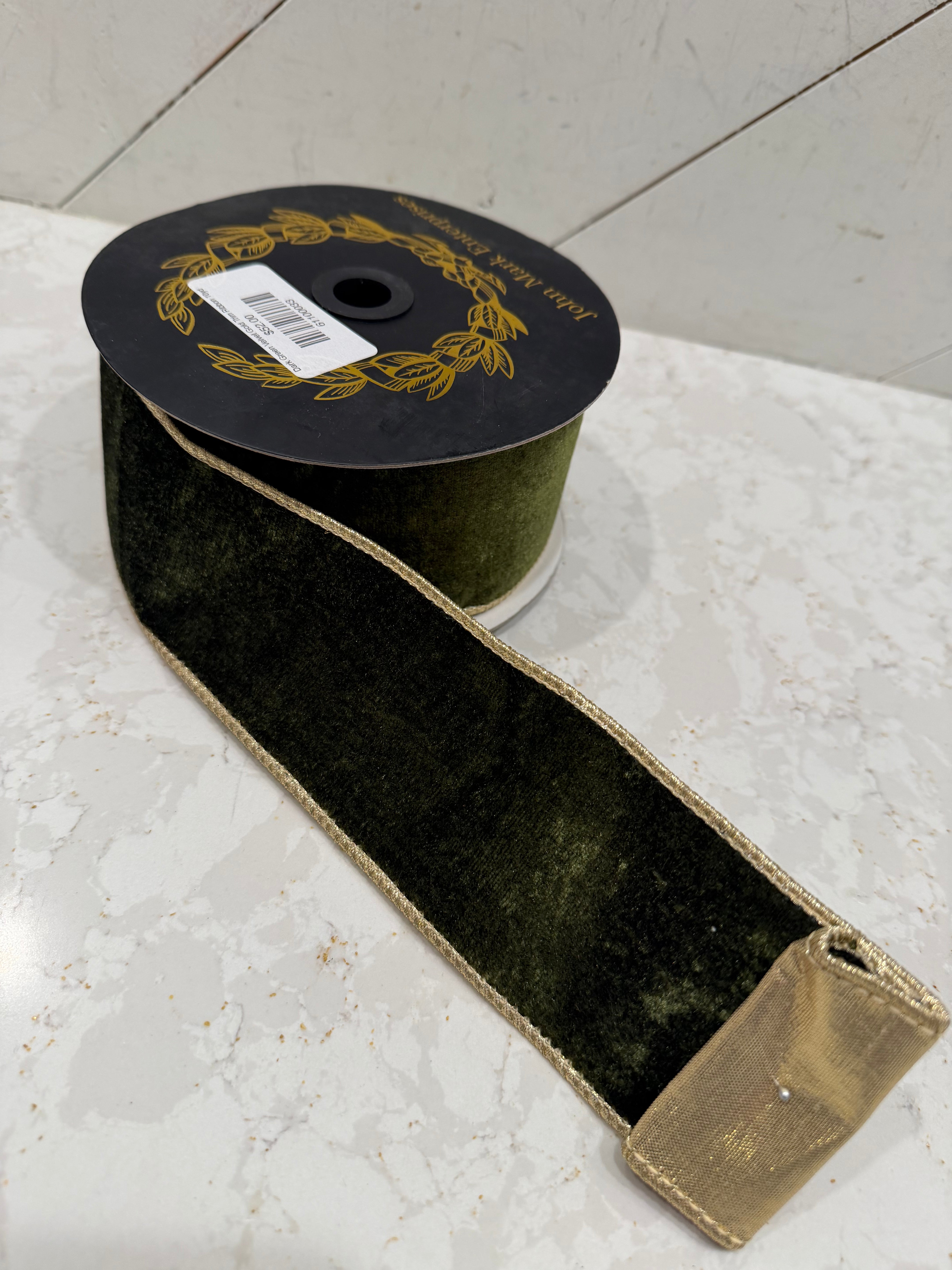 Dark Green Velvet Gold Trim Ribbon 10yd