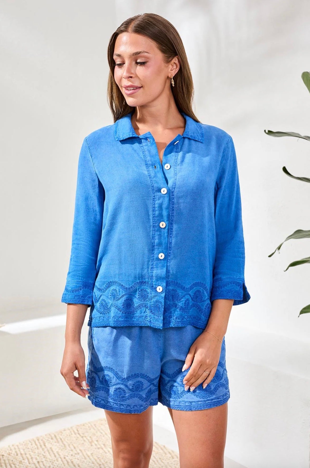 Tribal Crosshatch Embroidered 3/4 Sleeve Button-Front Shirt - FINAL SALE 40% OFF IN CART