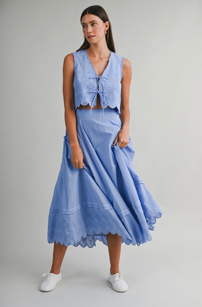 Delaney Eyelet Embroidered Crop Top And Midi Skirt Set