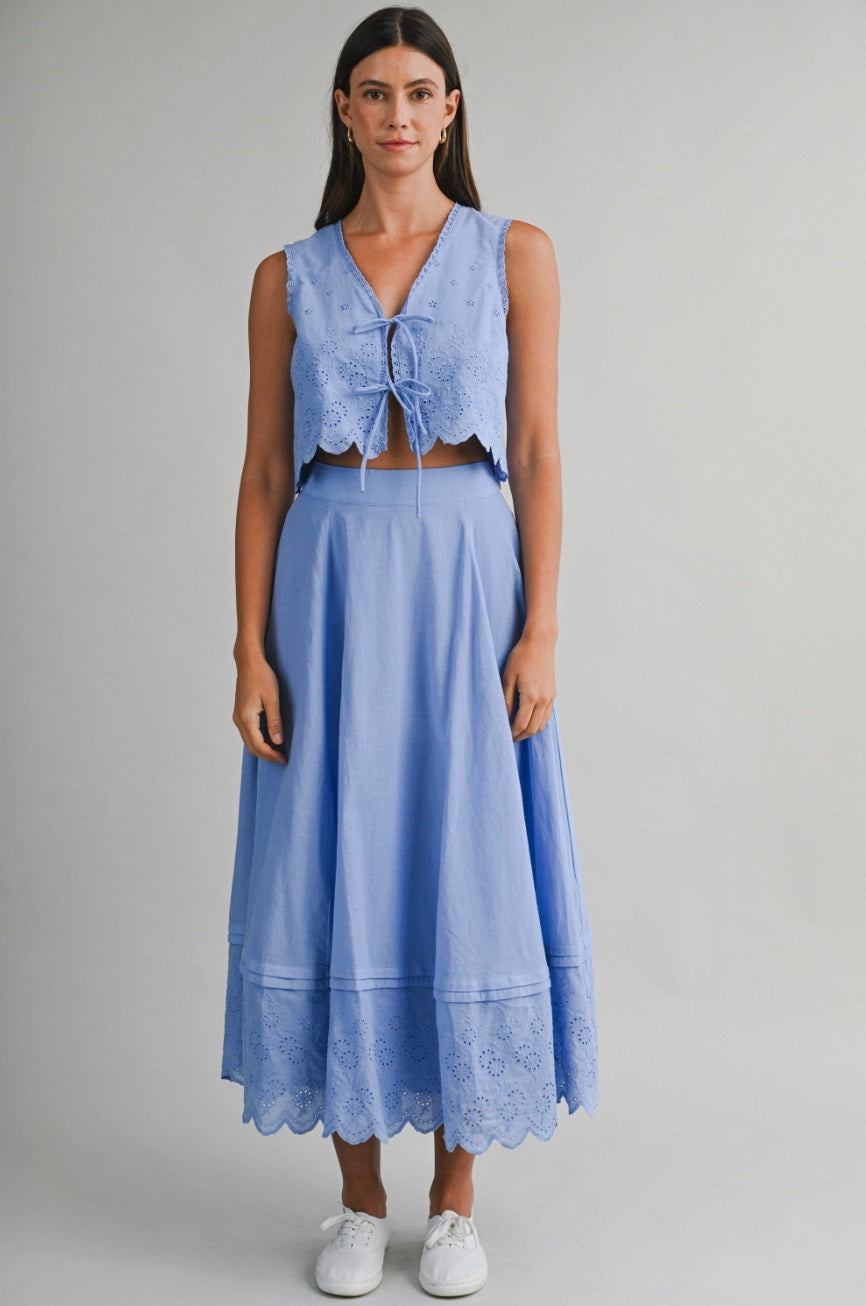 Delaney Eyelet Embroidered Crop Top And Midi Skirt Set