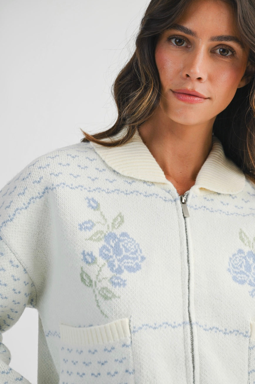 Eloise Jacquard Knit Zip Up Cardigan Jacket