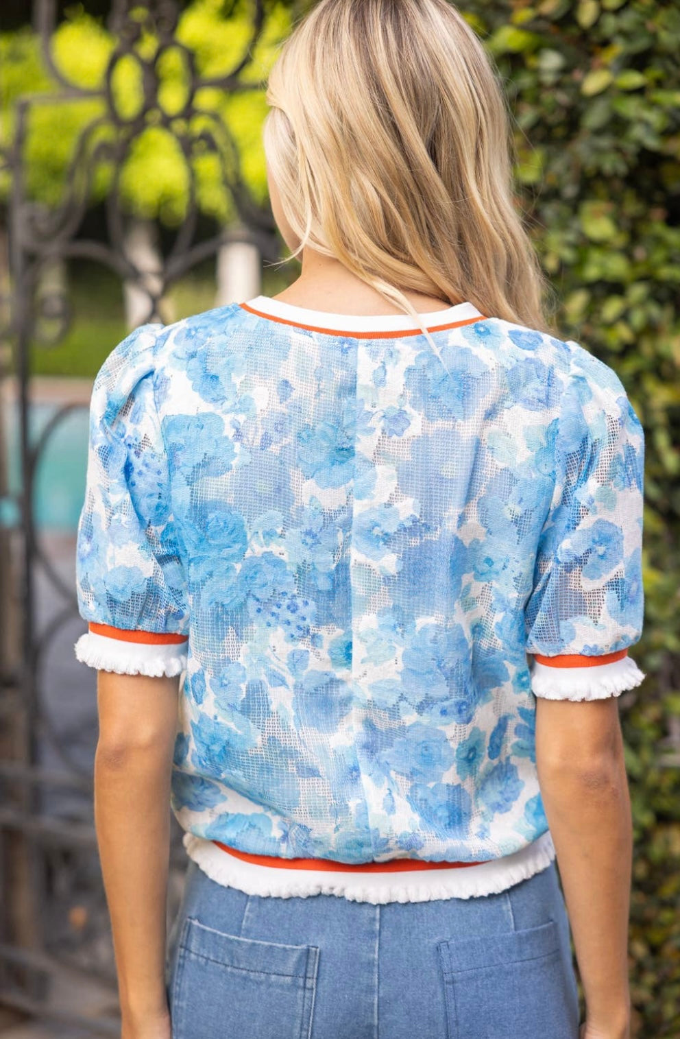 Blue Floral Textured Varsity Top