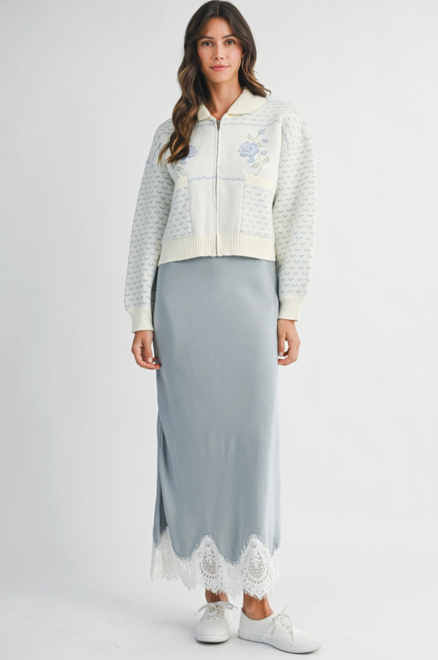 Eloise Jacquard Knit Zip Up Cardigan Jacket