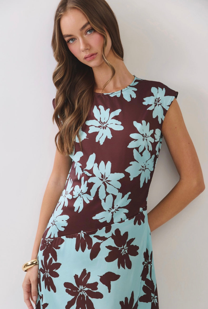 Mocha Blossom Asymmetrical Midi Dress