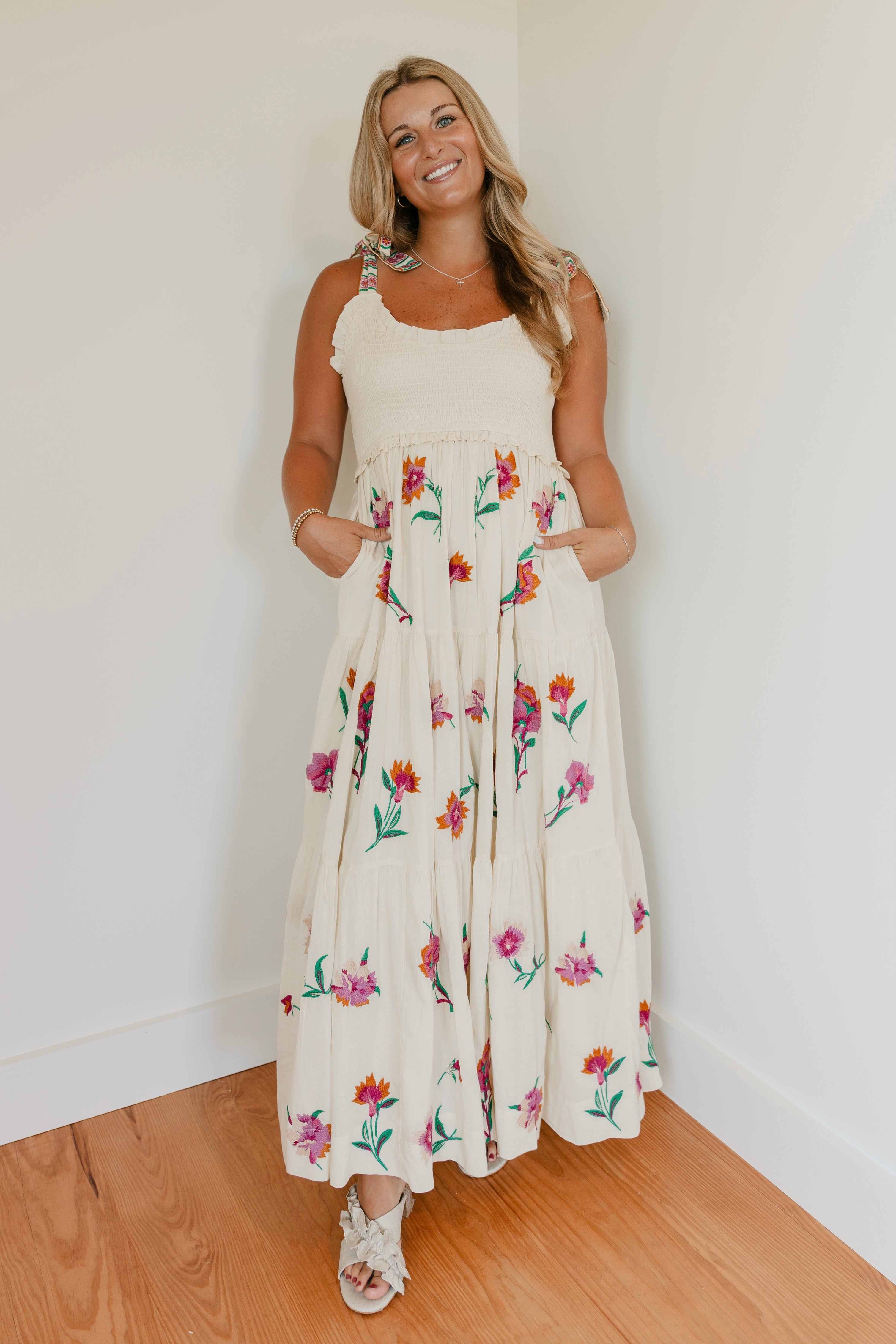 Perse Embroidered Wildflower Tiered Dress