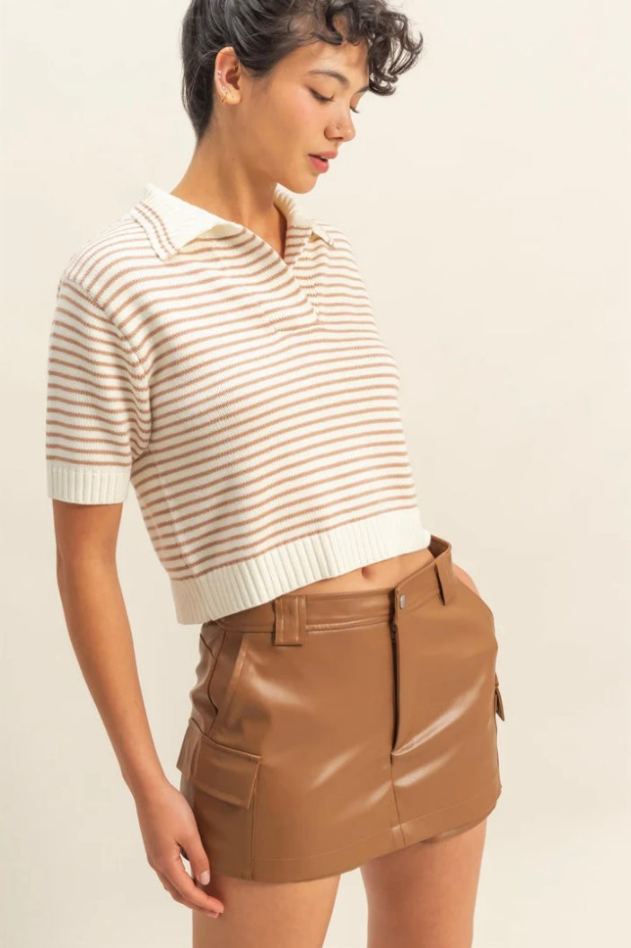 Hattie Striped Collared Short Sleeve Sweater Top