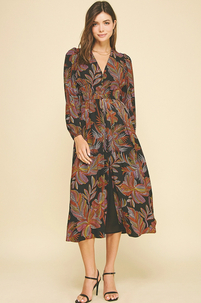 Jaylah Leaf Print V Neck Midi Dress