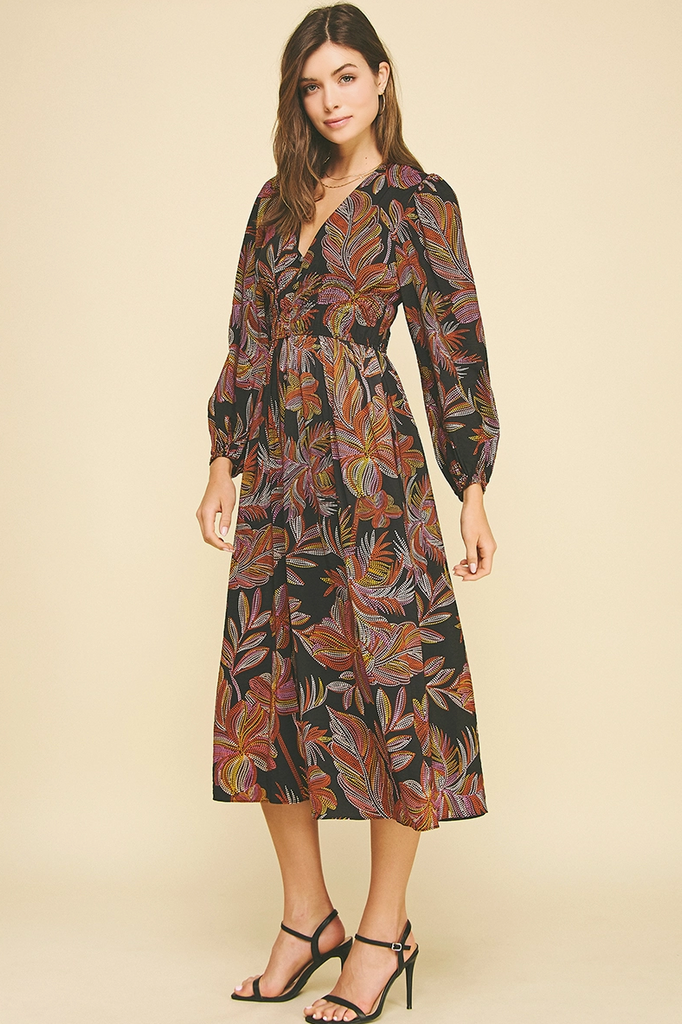 Jaylah Leaf Print V Neck Midi Dress