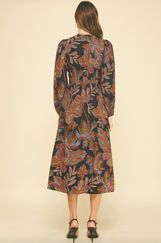 Jaylah Leaf Print V Neck Midi Dress