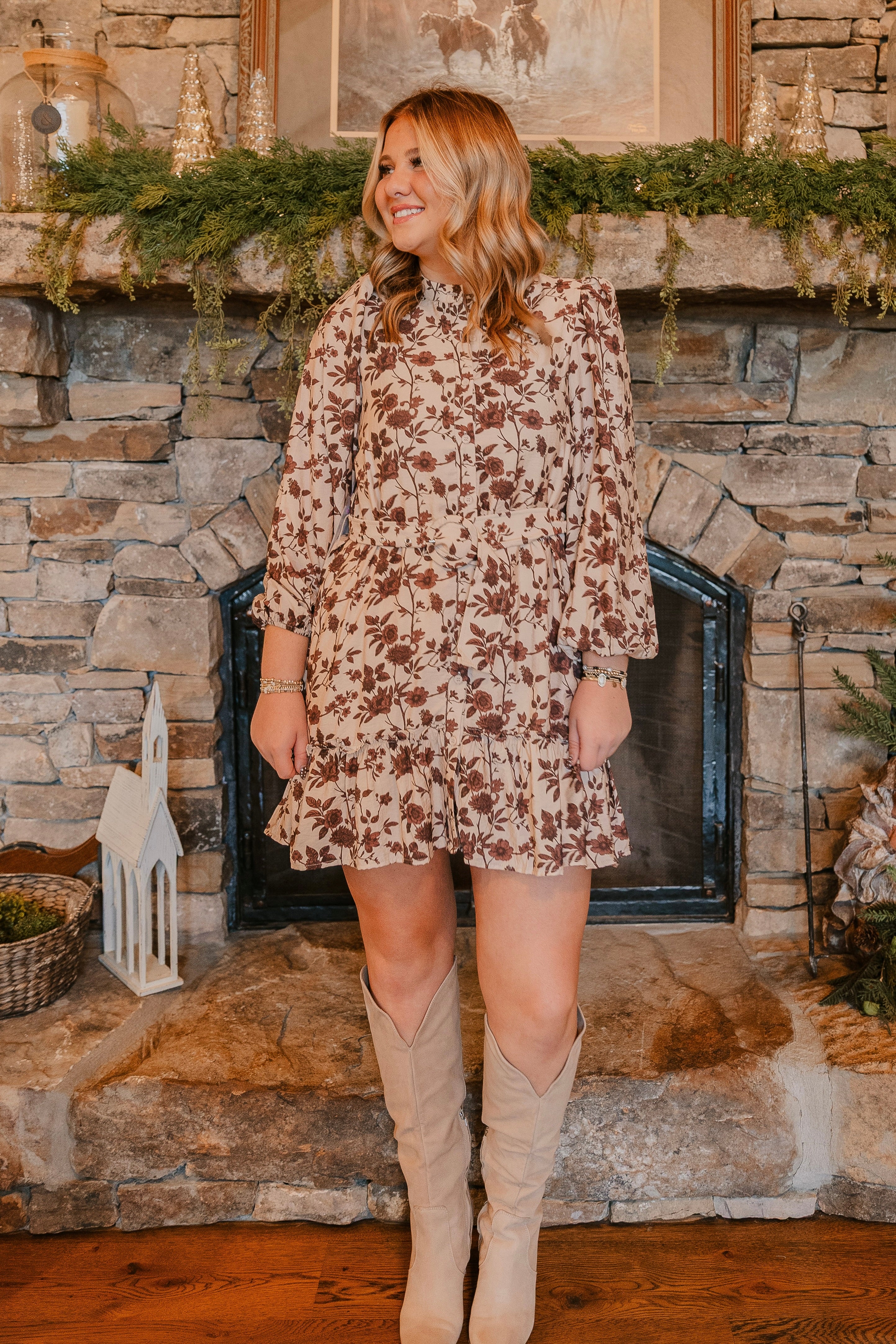 floral belted mini dress Ivory Floral Belted Mini Dress | Button-Down