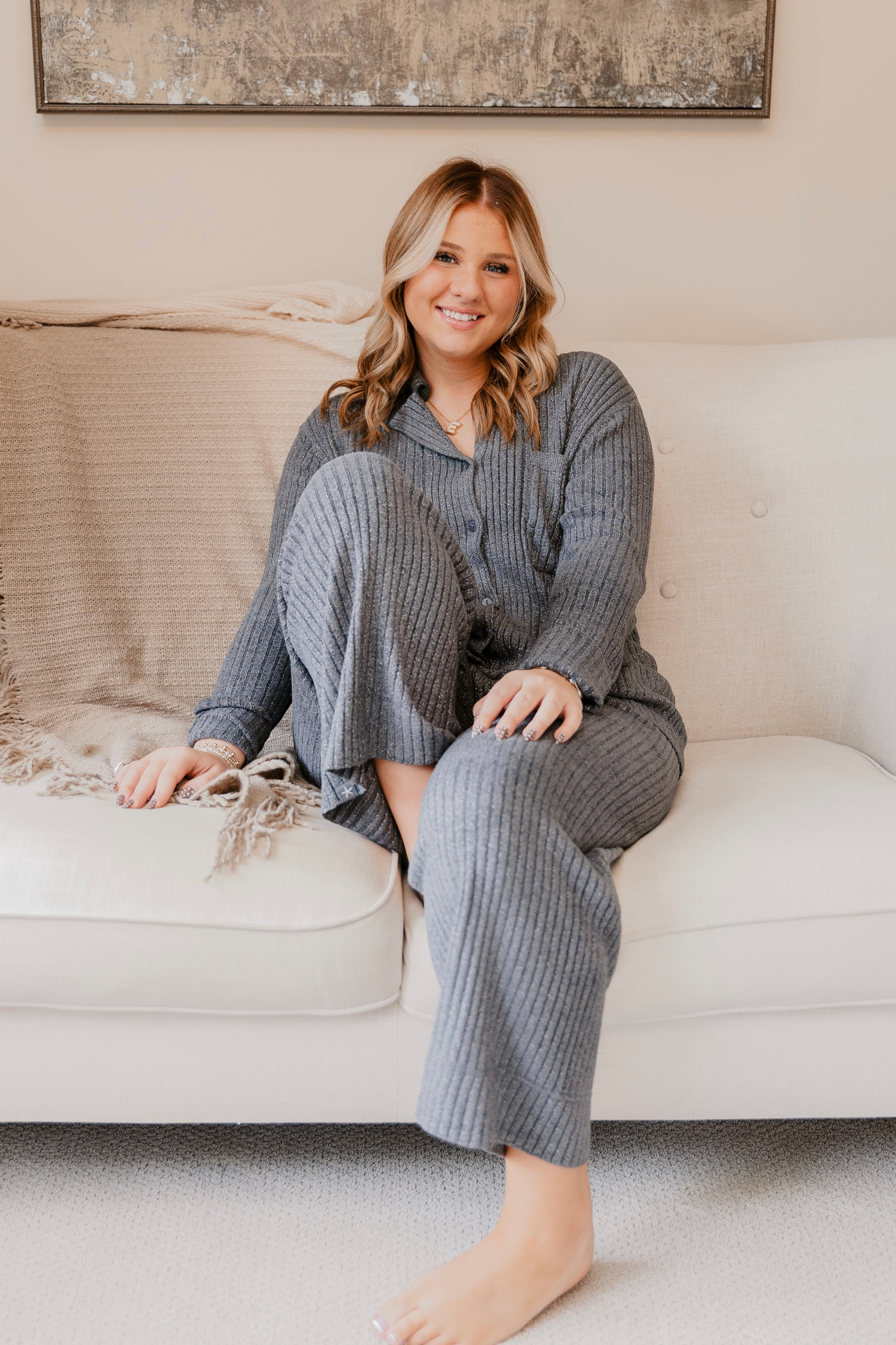 Barefoot Dreams CozyChic Ultra Lite Lurex Rib Button Front Shirt